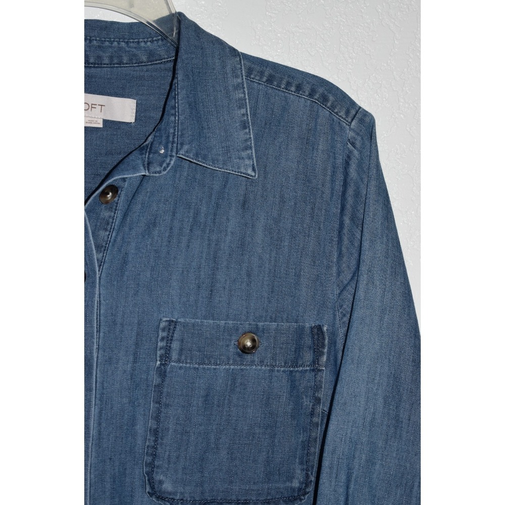 Loft‎ MEDIUM Denim Chambray Blue Shirt Dress Chest Pockets Long Slv 100% Cotton - Picture 11 of 16